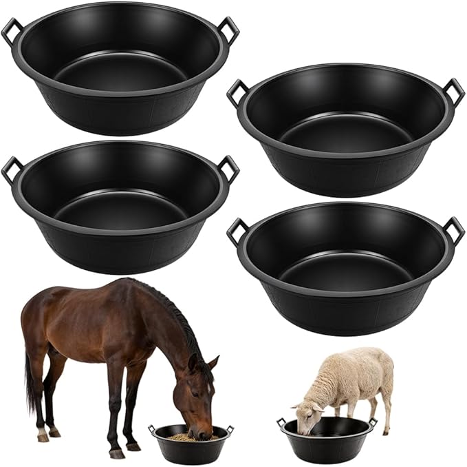 4Pcs Large Rubber Feeder Pan, 8.6 Gallon Horse Feed Bucket Water Bowl, Heavy Duty Horses Feed Bucket Dog Bowl Horse Feeder Pan for Cats Dogs Goats Chicken Dust Bath Container Farm Animal Feeding