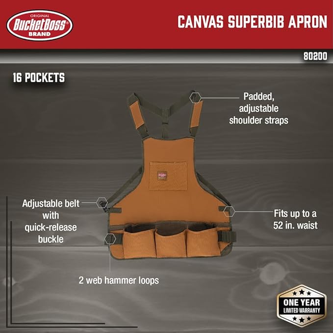 Bucket Boss mens Tool,adjustable,work Tool Bag, Brown, 16 pockets US