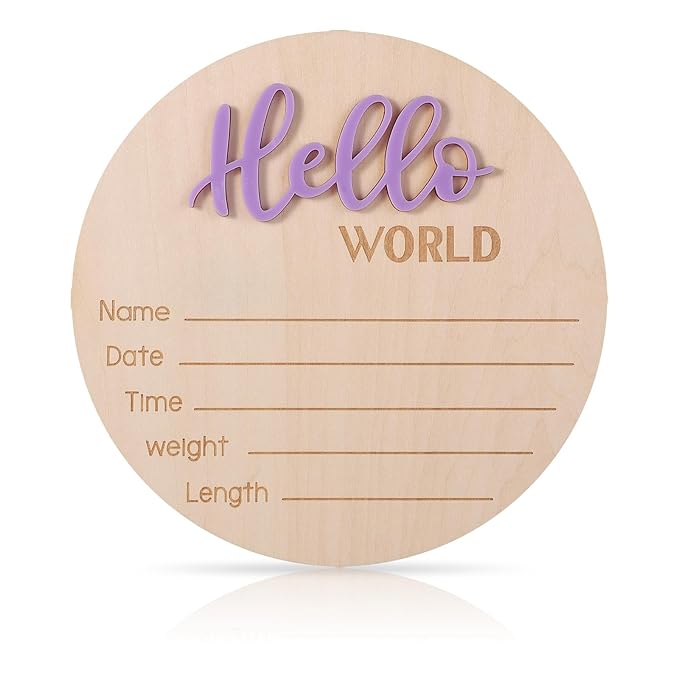Newborn Announcement Sign, 5.9in Wooden Hello World Sign Baby Welcome Sign Birth Baby Name Plaques for Newborn Boys and Girls Photo Props Baby Shower Hospital Nursery (Light Purple)