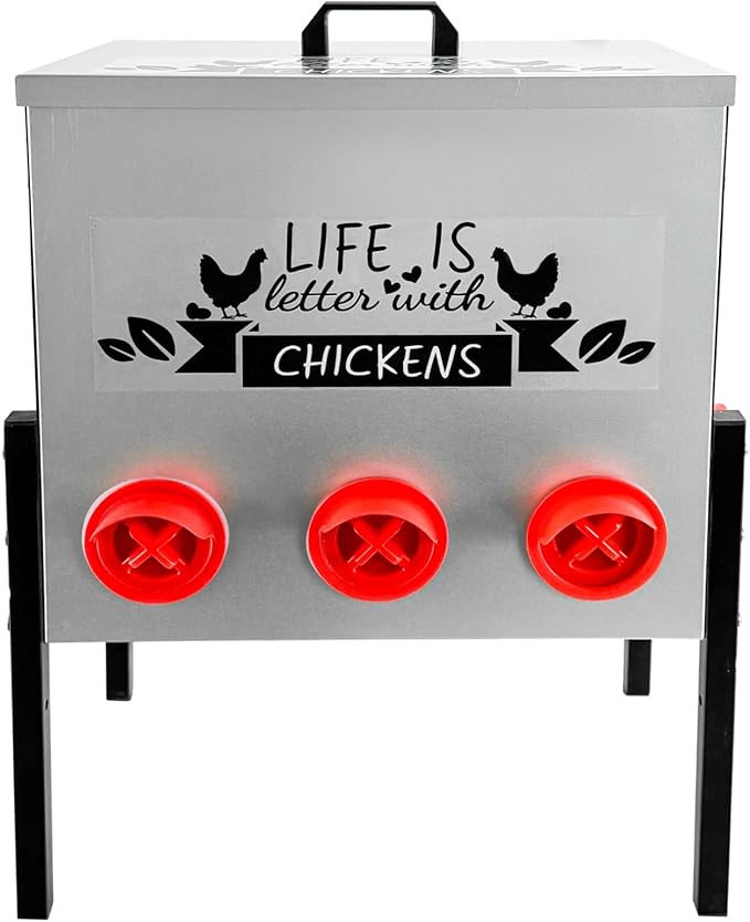 Automatic Chicken Feeder 50LB Large Capacity Poultry Feeders with 8 No Waste Feeding Ports Galvanized Metal Feeder Box with Adjustable Legs Locking Lid and Handles for Outdoor
