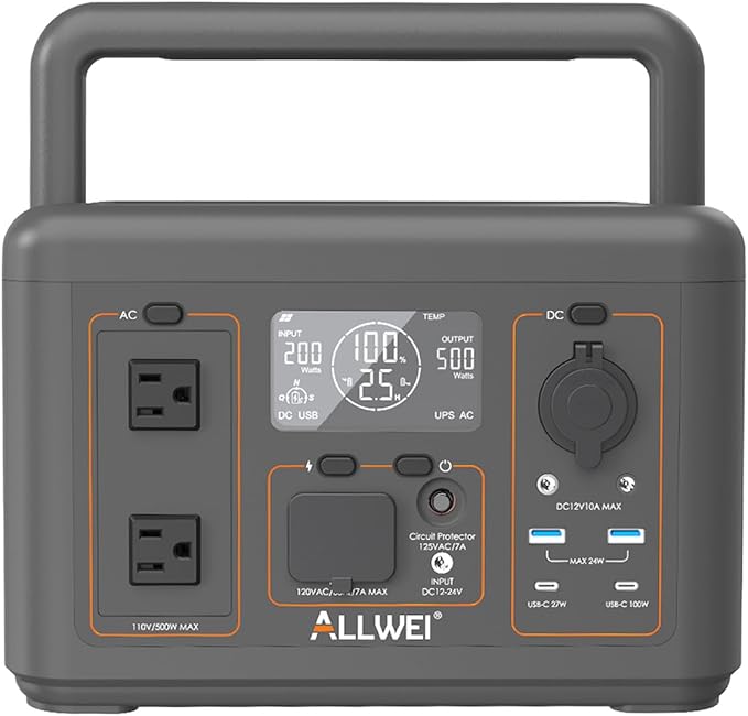 ALLWEI Portable Power Station 500W, 512Wh LiFePO4 Battery, UPS Function, 2.5Hrs Fast Charge, 2 AC Outlets(Surge 1000W), Solar Generator for Outdoor Camping RV CPAP Home Emergency