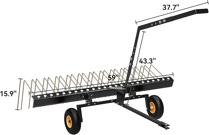 YITAMOTOR 60 Inch Tow Behind Dethatcher, Lawn Dethatcher Rake with 24 Spring Steel Tines & Lift Handle for ATV or Mover Tractors, Tow Behind Lawn Rakes for Leaves, Pine Needles, and Grass