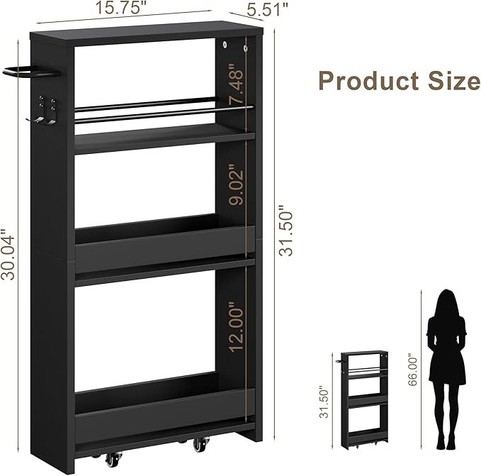 ChooChoo 4-Tier Slim Storage Cart with Handle, 5.51" W Rolling Utility Cart on Universal Wheels, Kitchen Cart Mobile Shelving Organization for Laundry Room, Bathroom & Narrow Places, Black