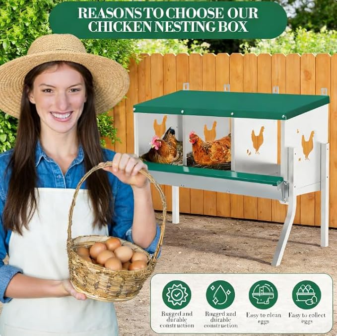 Chicken Nesting Box 3 Compartment with Legs 10 Pet Moisture Pads and 4 Fake Eggs Roll Away Egg Collection, Perch, Lid Cover for Egg Protection - Wall Mount Nest Box for Chickens, Hens, Ducks