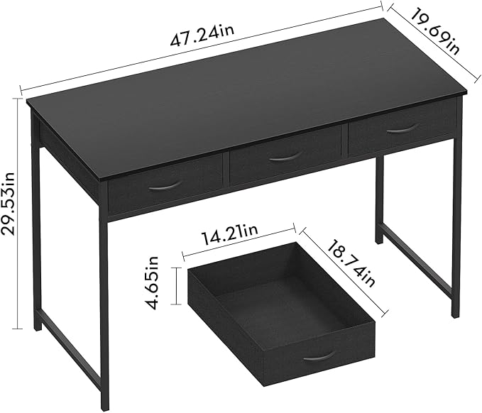 WOHOMO Computer Desk with 3 Drawers, 47.2 Inch Bedroom Desk with Storage, Home Office Desk for Room Spaces, Modern Work Writing Study Tables, Black
