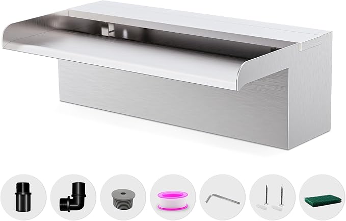 Waterfall Pool Fountain LONGRUNNEW 304 Stainless Steel 11.8" Rectangular Waterfall Spillway, Water Fall Fountain with Pipe Connector for Garden Outdoor, Swimming Pools, Fountains, Pond and Spa