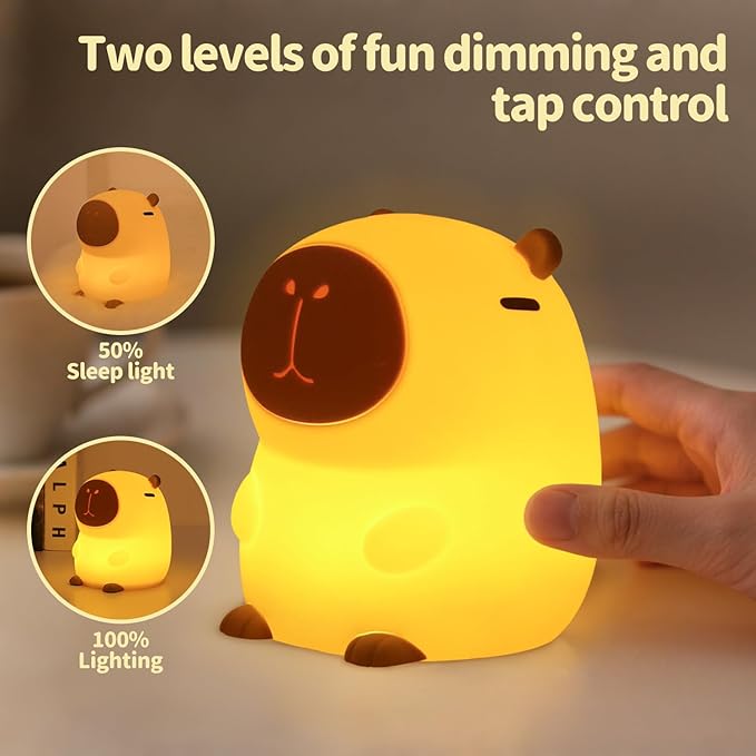 Capybara Night Light, Cute Squishy Silicone Night Light for Kids, Long-Lasting Rechargeable, Tap to Adjust Brightness, Safe Capybara Gifts for Bedroom Nursery, Capybara Lamp