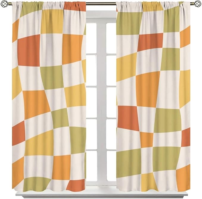 Orange Checkered Curtains,70s Vintage Twisted Checkered Window Drapes Colorful Groovy Trendy Wavy Hippie Grid Print Window Treatments for Kids Girls Bedroom Living Room Bathroom 63"W X 72"L