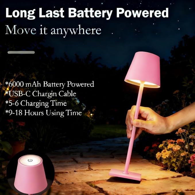 Pink Rechargeable Table Lamp Set of 2, Cute Small Pink lamp