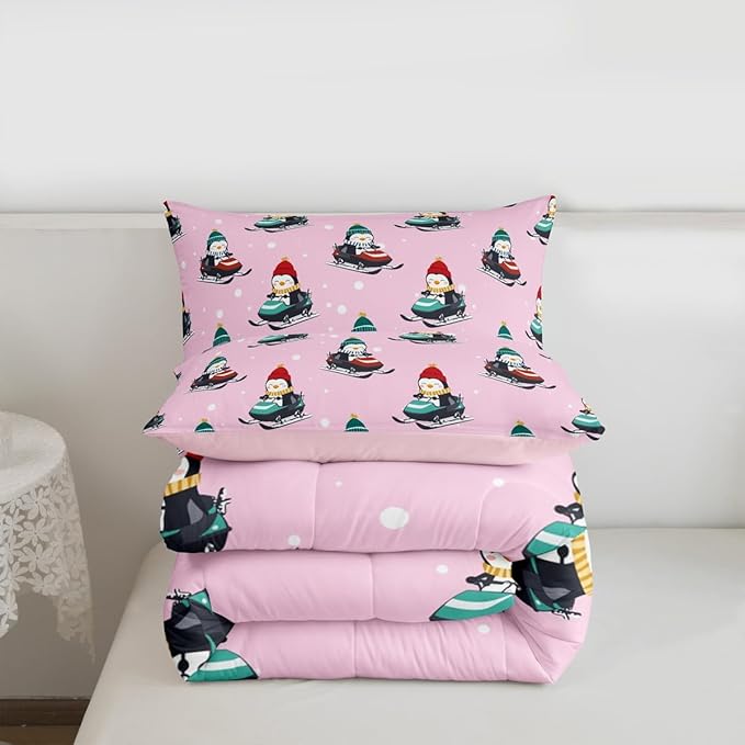 Feelyou Christmas Kids Comforter Set Toddler Size Pink Penguin Bedding Set Cartoon Penguin Skiing Duvet Quilt for Kids Boys Girls Bedroom Snowflake Decor Microfiber Ultra Soft Breathable