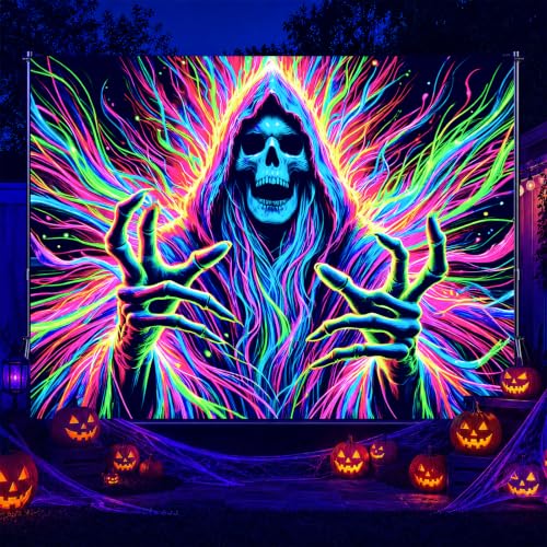 Blacklight Tapestry Hooded Skeleton Wall Hanging 78 x 59 Inch