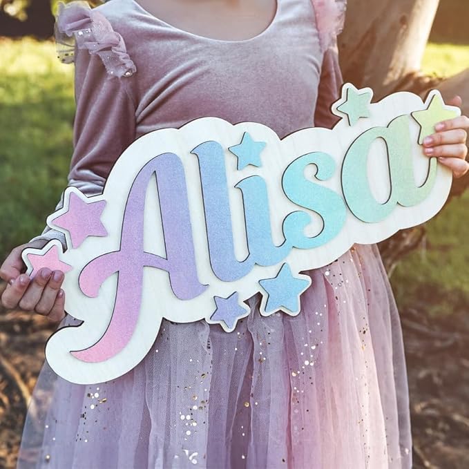 Wooden name sign (3D stars) - Colorful 3D wooden name sign with stars - Cute wooden sign with custom name, Personalized letters with star, Baby shower sign, Unicorn nursery, Rainbow 3D name sign, Girl