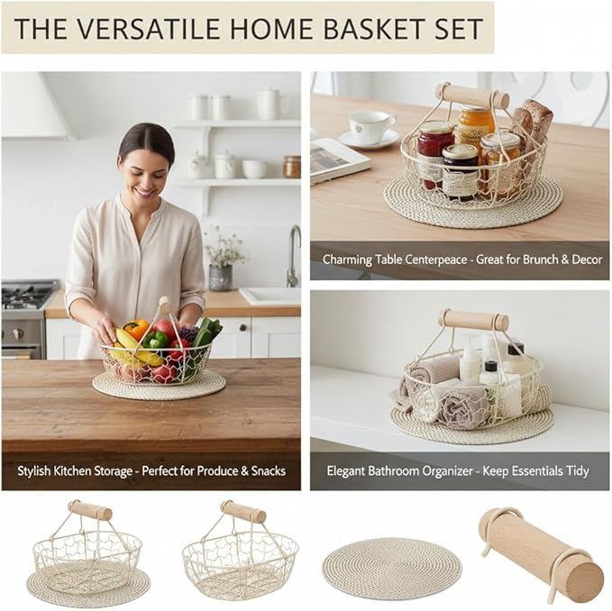 Kitchen Decor Chicken Egg Basket: Egg Basket for Gathering Fresh Eggs, Farmhouse Small Vintage Style Wire Fruit Bread Fresh Egg Holder Countertop, Egg Collecting Basket (Coffee)