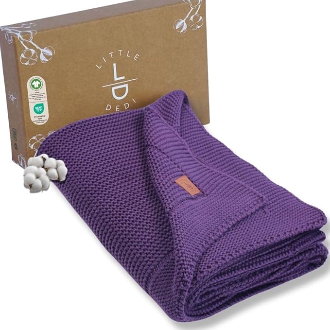 100% Organic Cotton Baby Knitted Blanket with Gift Box - Soft Toddler, Crib, Stroller Blanket - Neutral Swaddle and Receiving Blanket for Newborns, 30"x40", Sweet Grape