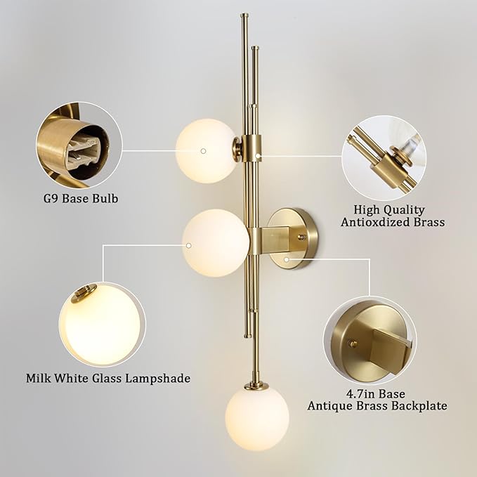 3-Light Globe Wall Sconces, Mid Century Modern Wall Light Fixtures, Vanity