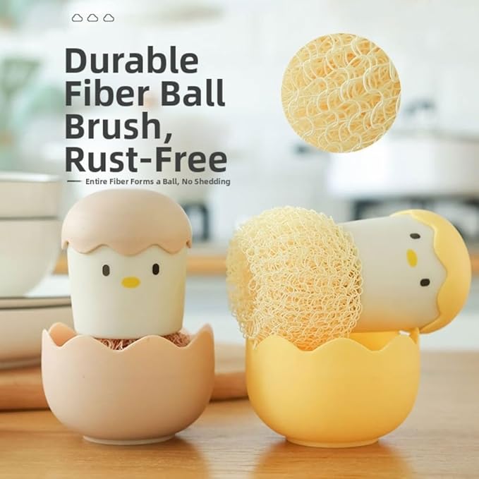 Eggshell Chicken Style Scrubber Brush with ForNano Fiber Cleaning Ball for Kitchen Cleaning of Pots, Pans, and Dishes Featuring Comfortable Handle and Compact Shape (2pcs-Pink)