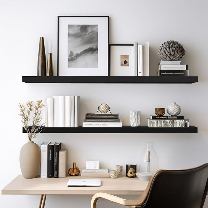 LaVie Home Floating Shelves, 36 Inch Wall Shelf Set of 2, Hanging Shelf with Invisible Brackets, Wall Decor for Bathroom, Bedroom, Living Room, Kitchen Storage, Classic Black