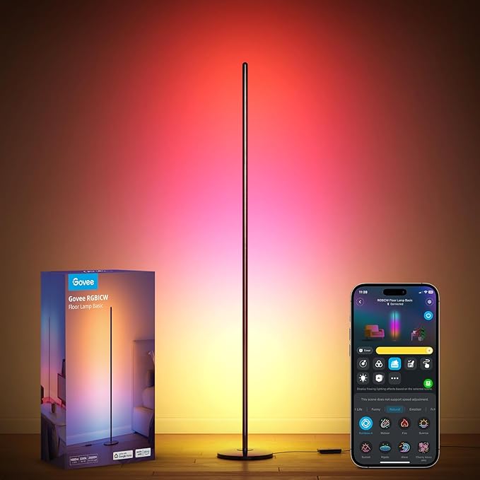 Govee RGBIC Floor Lamp Basic, LED Corner Lamp Works with Alexa, 1000 Lumen Smart Modern Floor Lamp with Music Sync and 16 Million DIY Colors, Color Changing Standing Lamp for Bedroom Living Room Black