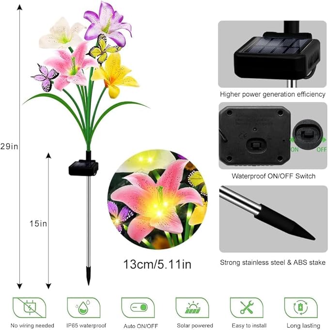 Solar Garden Lights 6 Pack LEDs Solar Lilies Flower Lights, Yard Patio Pathway