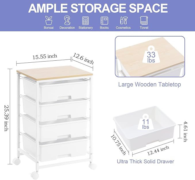 Utility Cart with 4 Drawers, Multipurpose Rolling Storage Cart with 4 Drawers and 2 Lockable Wheels, 4-Tier Rolling Storage Cart Organizer for Home Office Dorm, Bright White