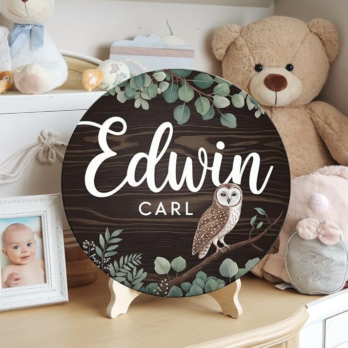 Personalized Name Sign for Nursery, Owl Sign for Baby Door Decor, Newborn Gifts for Boy, Boys Nursery Wall Bedroom Decorations, Mother's Day Gifts for New Mom Dad Gift