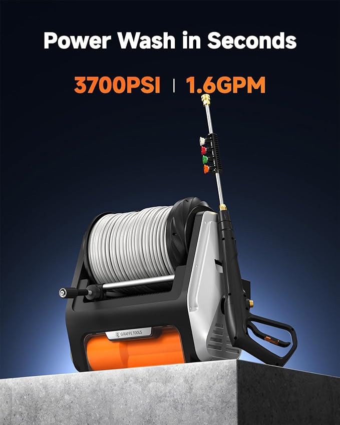 Giraffe Tools Wall Mount Pressure Washer PRO with Max 3700PSI 1.6 GPM, Upgraded 1800W Brushless Motor, Electric Power Washer with 100ft Pressure Hose, 4-Nozzles, Foam Cannon, Automatic Rewind