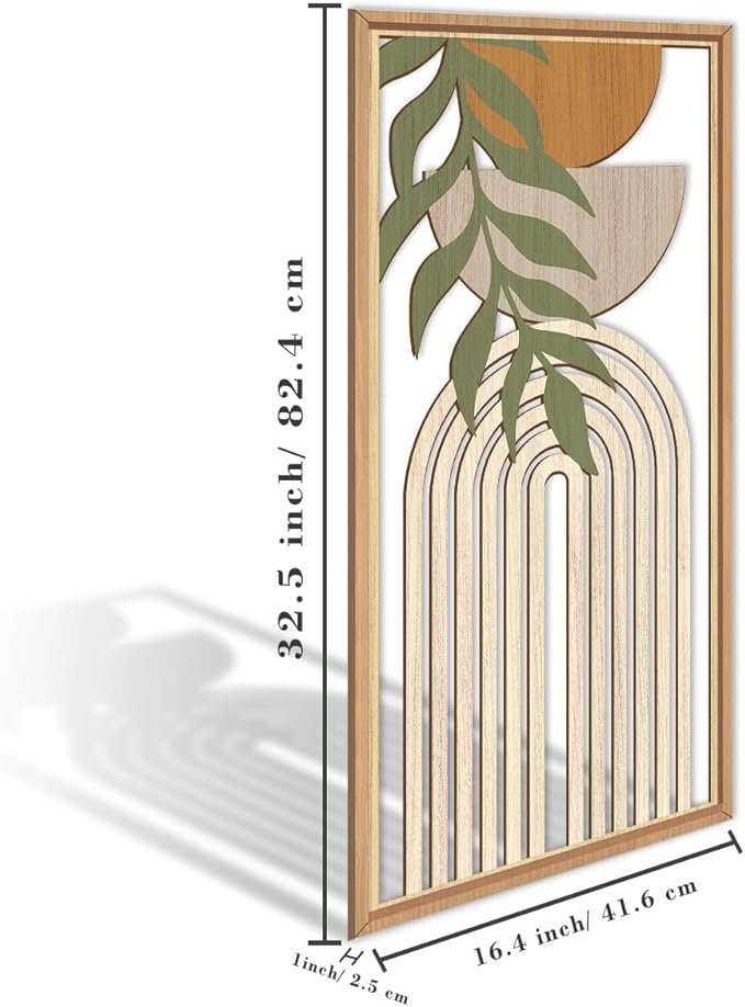 IARTTOP Large Boho Wood Wall Art Framed Mid-century Modern Wooden Wall Decor Set of 3 Green Bohemian Abstract Wall Art Decor For Bedroom Living Room Office-16 x32