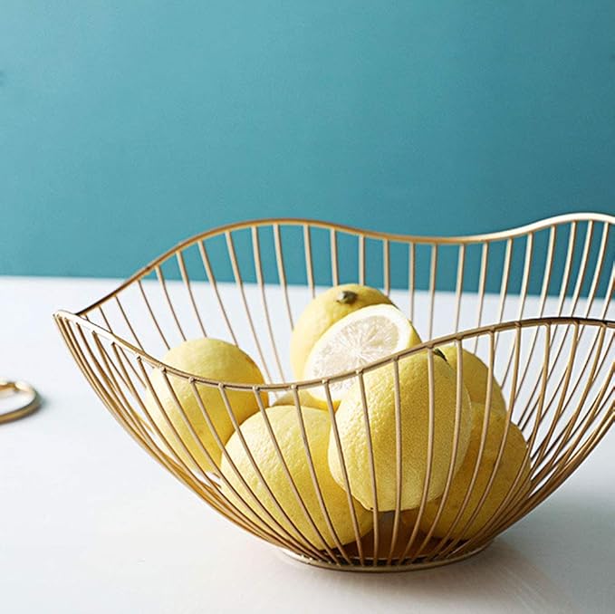 IBWell High Style Curved-Edge Modern Creative Stylish Single Tier Dish,Metal Iron Wire Fruit Vegetables Bread Decorative Stand Serving Bowls Basket Holder (Gold)