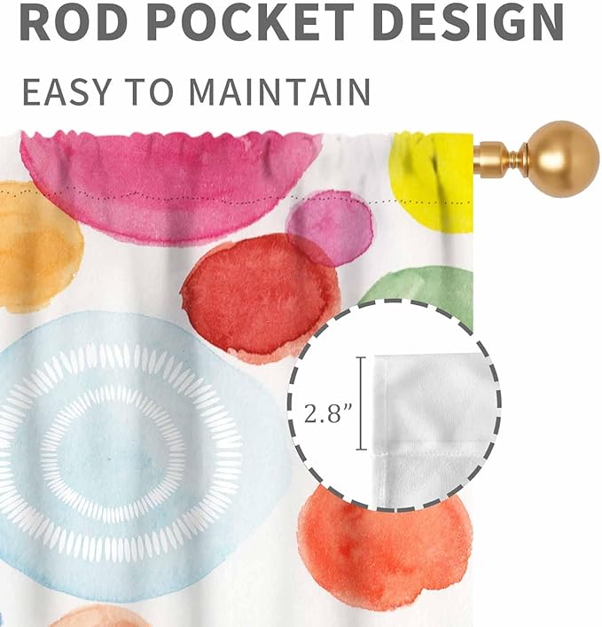 Colorful Curtains for Girls Bedroom, Watercolor Rainbow Cartoon Abstract Circle Polka Dots Splashes Cute Window Drapery for Kids Boys Girls Classroom Living Room Nursery 2 Panels, 63"x63" Inch