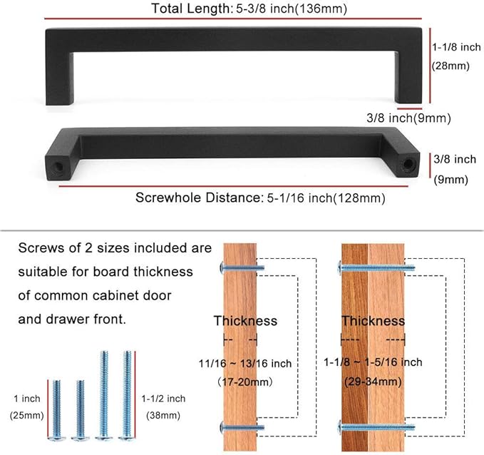 KOOFIZO 20-Pack Solid Square Bar Cabinet Handle - Black Furniture Pull, 5 Inch/128mm Screwhole Distance for Kitchen Cupboard Door, Bedroom Dresser Drawer, Bathroom Wardrobe Hardware