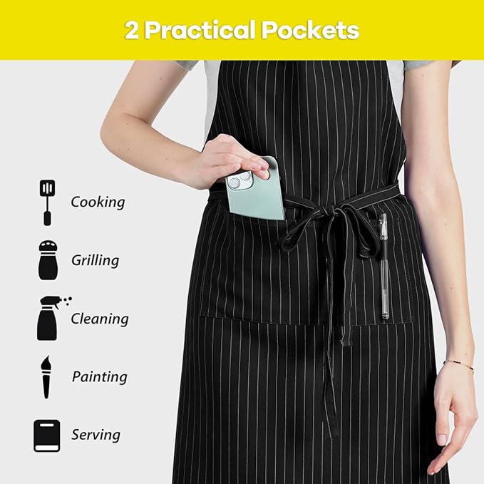 ROTANET Stripe Stretch Apron for Men Women Chef Big and Tall Large Striped Aprons with Pockets for Kitchen Cooking Waterproof