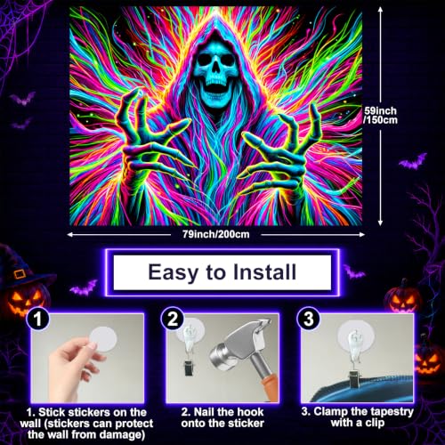 Blacklight Tapestry Hooded Skeleton Wall Hanging 78 x 59 Inch