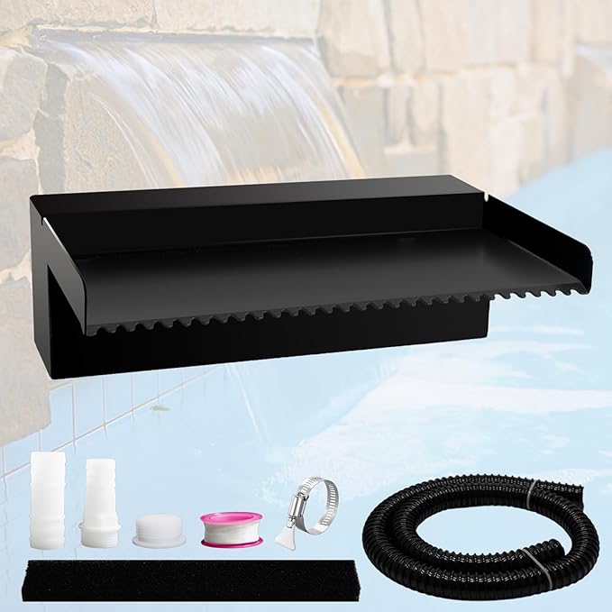 Pond Waterfall Spillway Pool Fountain Water Feature, Black Stainless Steel Outdoor Fountains, Swimming Pool Water Flow Waterfalls Kit for Garden Patio Ponds-11.8"x7.8"x3.9"(NO Light)