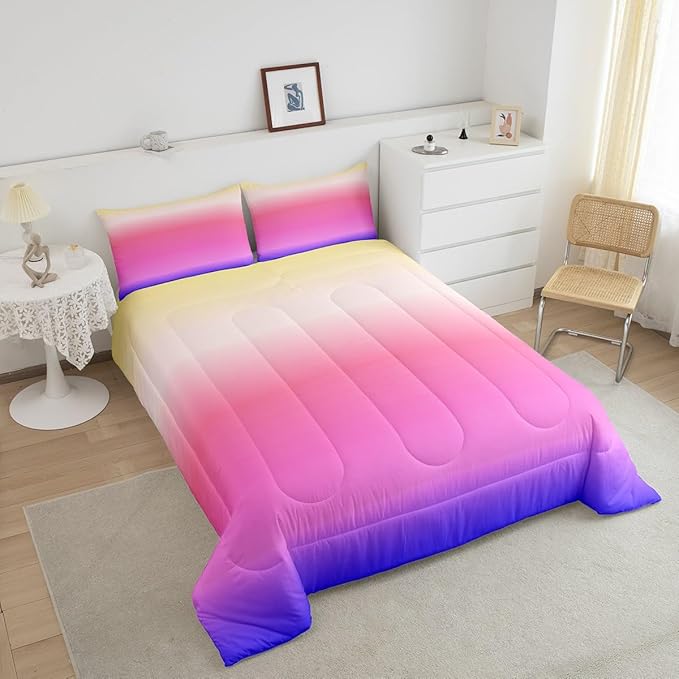 Feelyou Ombre Comforter Queen Set - Pink Purple Rainbow Bedding for Boys Girls, Colorful Gradient Duvet Set, Decorative 3Pcs