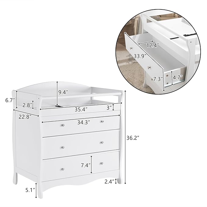 Karl home Changing Table Dresser Baby Diaper Changing Station Infant Nursing Table with 3 Drawers, Safety Rail & Strap for Bedroom, Nursery, White