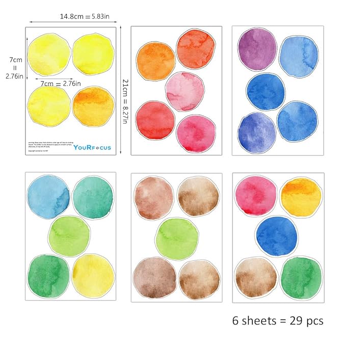 Colorful Polka Dot Wall Decals Watercolor Dots Wall Sticker for Kids Baby Girls Teens and Nursery Room (6 Sheets)
