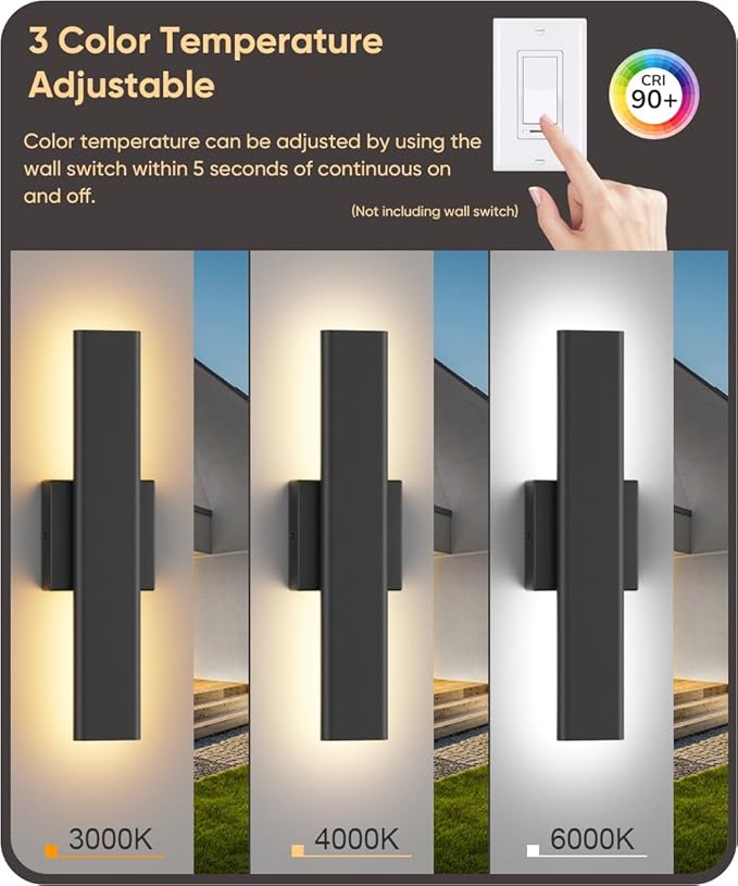 Aipsun 2 Packs Outdoor Wall Sconce, 3000K 4000K 6000K, 15.75in Modern Black