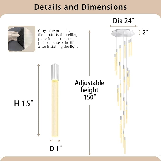 12FT High Ceiling LED Crystal Chandelier 26-Lights Modern Dimmable Pendant
