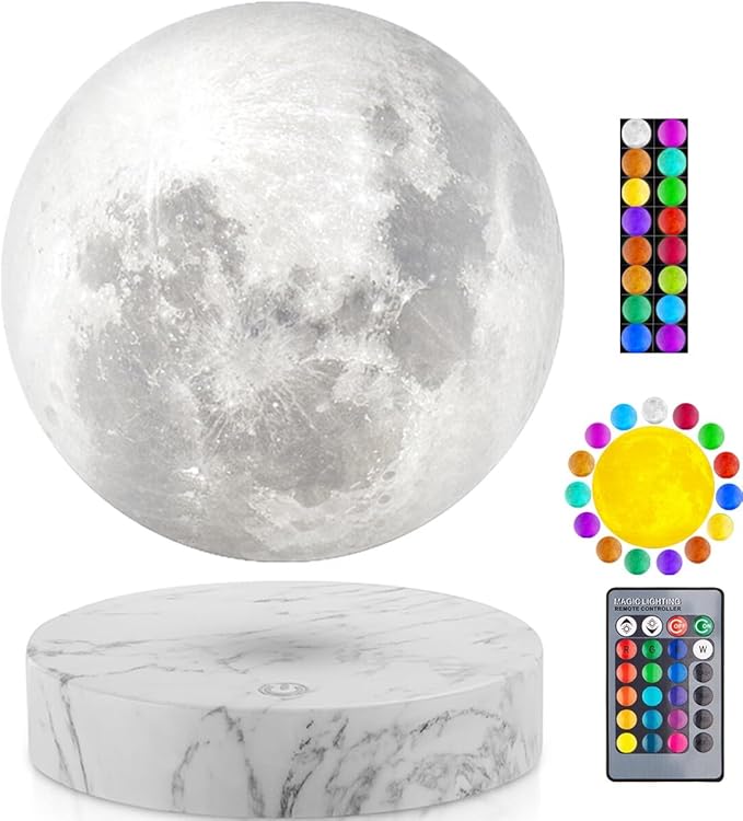 VGAzer Levitating Moon Lamp,Floating and Spinning in Air Freely with 3D Printing LED Moon Light Has 16 Colors 20 Modes for Unique Christmas Gifts,Room Decor (Marble Base 16 Colors)