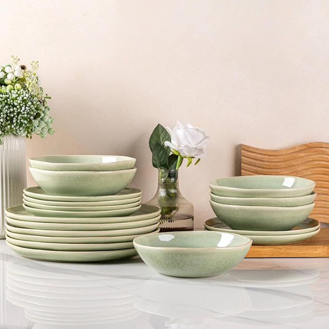AmorArc Ceramic Dinnerware Sets,Handmade Reactive Glaze Stoneware Plates and Bowls Set,Highly Scratch Resistant | Dishwasher & Microwave Safe,Service for 6 (18pc)