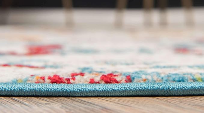 Unique Loom Rosso Collection Vintage, Geometric, Bohemian, Traditional, Distressed, Southwestern Area Rug, Round 4' 0" x 4' 0", Multi/Ivory