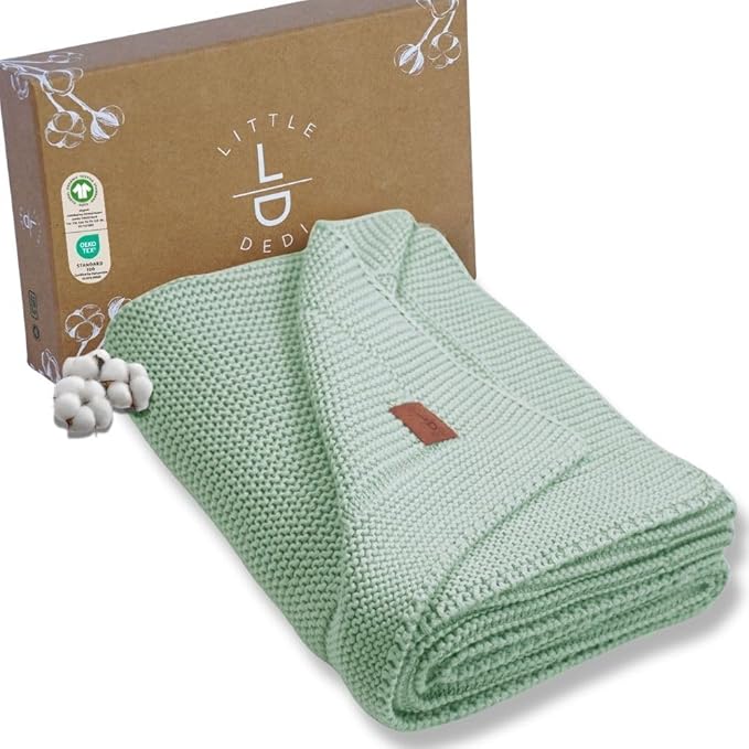 100% Organic Cotton Baby Knitted Blanket with Gift Box - Soft Toddler, Crib, Stroller Blanket - Neutral Swaddle and Receiving Blanket for Newborns, 30"x40", Sage