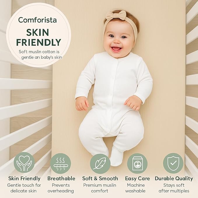Organic Crib Sheets Large Size 52x28x9 Inches 2 Pack Beige Muslin Sheets, Gentle Baby Crib Bedding, Stretchy Fit for Rectangular & Oval Crib Mattress, No Shrink After Wash