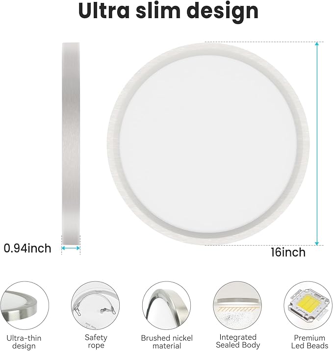 libtit 16 inch Flush Mount LED Ceiling Light Fixture, 3000K 4000K 6500K