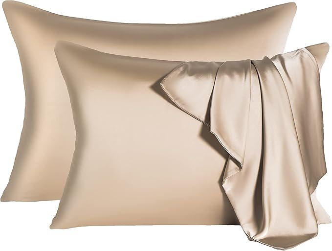 2 Pcs Mulberry Silk Pillowcase for Hair and Skin,Cooling Silk Pillow Case with Hidden Zipper,Allergen Proof Dual Sides Soft Breathable Smooth Silk Pillow Cover for Women(Queen-2PCS,Champagne)