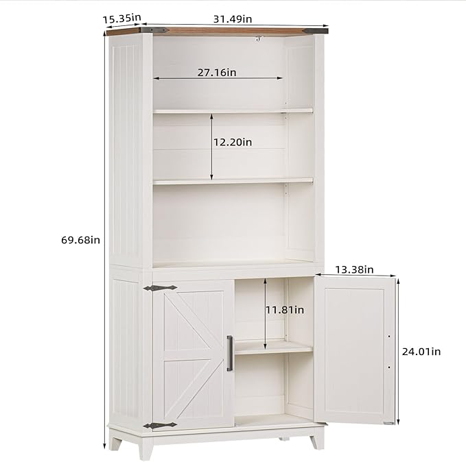 5 Tier Bookshelf 70in Tall Bookcase with Barn Doors and Storage Cabinet, White Farmhouse Book Shelf with Adjustable Shelves, Wood Freestanding Display Bookshelves for Bedroom, Kitchen (2PCS)