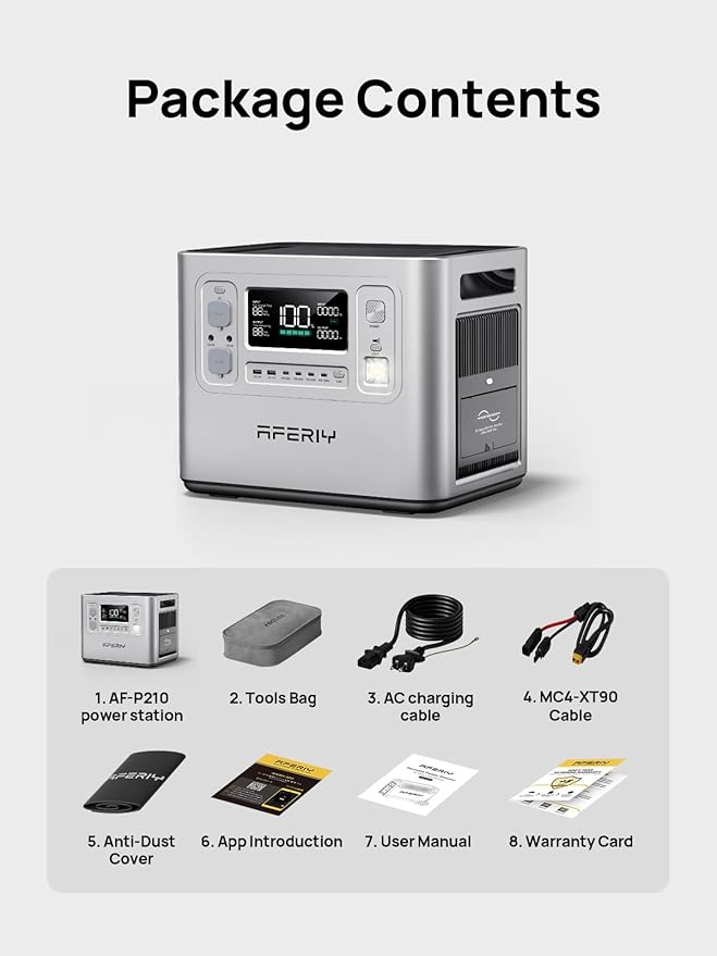 AFERIY P210 Portable Power Station 2400W (4800W Peak),2048Wh LiFePO4 Battery Generator with 1100W AC Charging & 500W Solar Charging,for Home Backup,Outdoor Camping, RVs, Emergencies, Power Outages