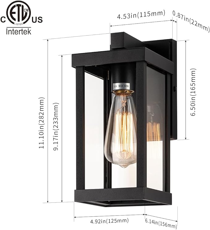 mirrea 11" Classic Outdoor Wall Sconce 1 Light in Matte Black Rectangular Metal