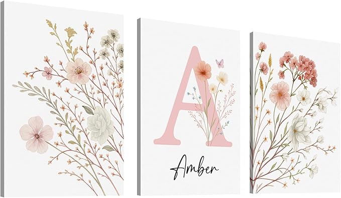 Personalized Girls Nursery Wall Art - Custom Name Pink Floral Butterfly Canvas Print 3pc Framed Wrapped Canvas for Bedroom Living Room Entryway Study Room Initial Wall Decor Baby Shower Birthday Easter Graduation New Year Valentine's Day Gift (40×60cm/...