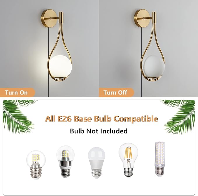 KCO Lighting Gold Globe Teardrop Wall Sconce Plug in Mid-Century Modern Glass